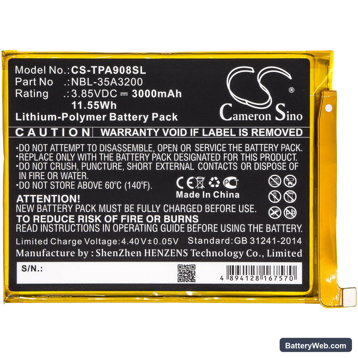 TP-Link Neffos N1 Replacement Battery, 3.85V, 3000mAh, Li-Polymer 3