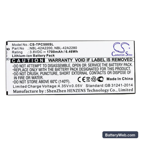 Neffos C5 Replacement Battery, 3.8V, 1700mAh, Li-ion 3