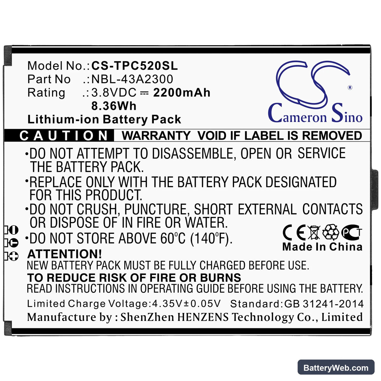 Neffos C5A Replacement Battery, 3.8V, 2200mAh, Li-ion 3