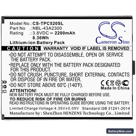 Neffos C5A Replacement Battery, 3.8V, 2200mAh, Li-ion 3