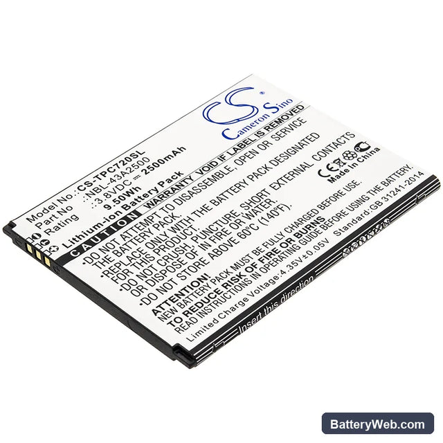 TP-Link Neffos C7s Replacement Battery, 3.8V, 2500mAh, Li-ion 1