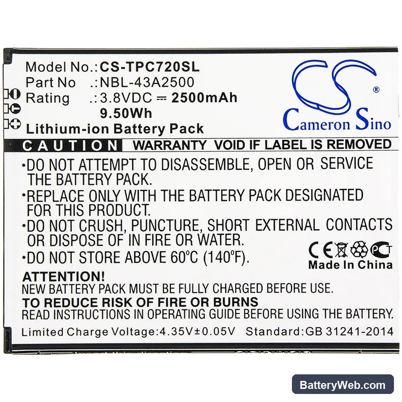 TP-Link Neffos C7s Replacement Battery, 3.8V, 2500mAh, Li-ion 3
