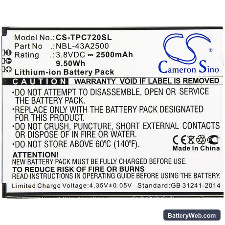 TP-Link Neffos C7s Replacement Battery, 3.8V, 2500mAh, Li-ion 3