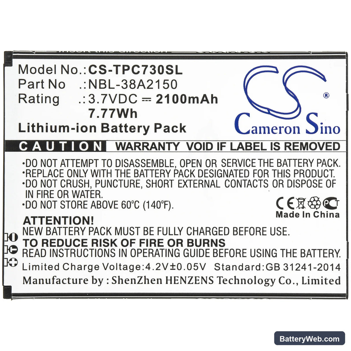 TP-Link Neffos C7 Lite Replacement Battery, 3.7V, 2100mAh, Li-ion 3