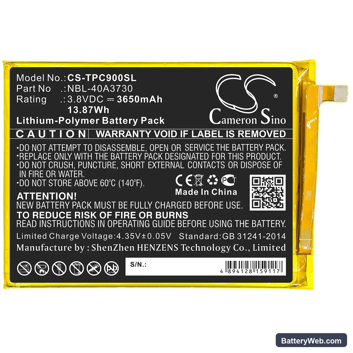 TP-Link Neffos C9 Replacement Battery, 3.8V, 3650mAh, Li-Polymer 3