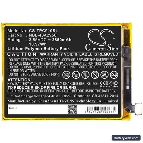 Neffos C9 Max Replacement Battery, 3.85V, 2850mAh, Li-Polymer 3