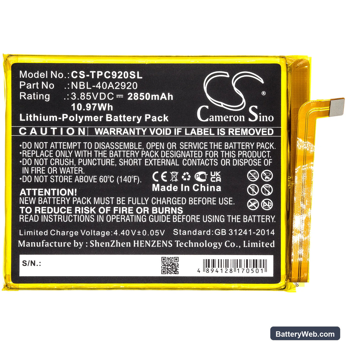 Neffos C9A Replacement Battery, 3.85V, 2850mAh, Li-Polymer 3