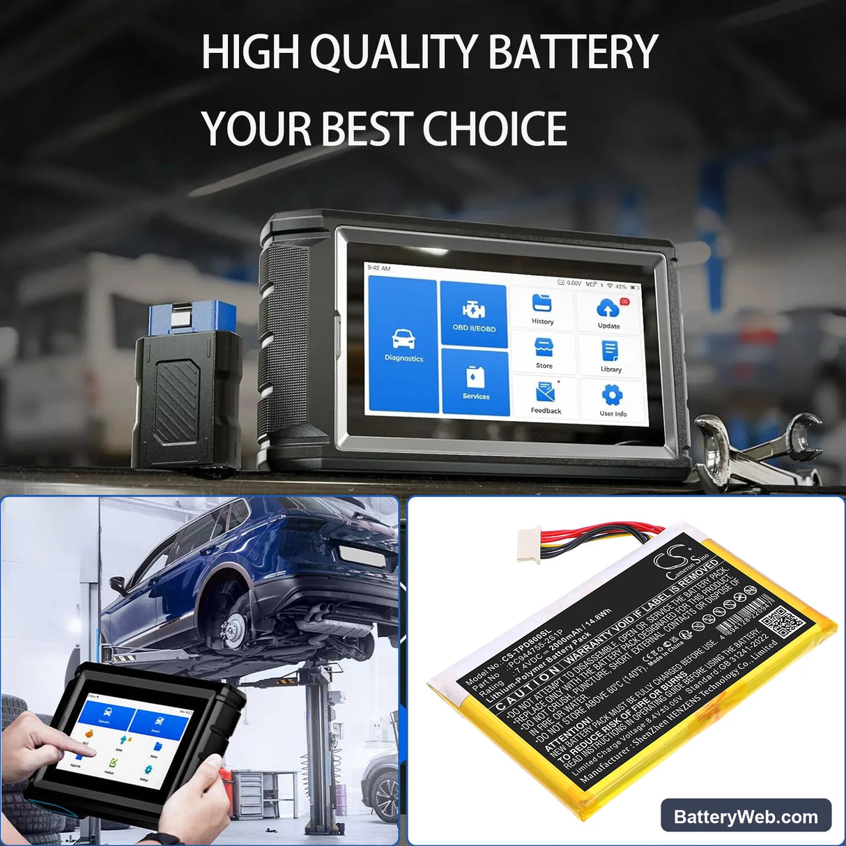 Topdon AD800BT Replacement Battery, 7.4V, 2000mAh, Li-Polymer 6