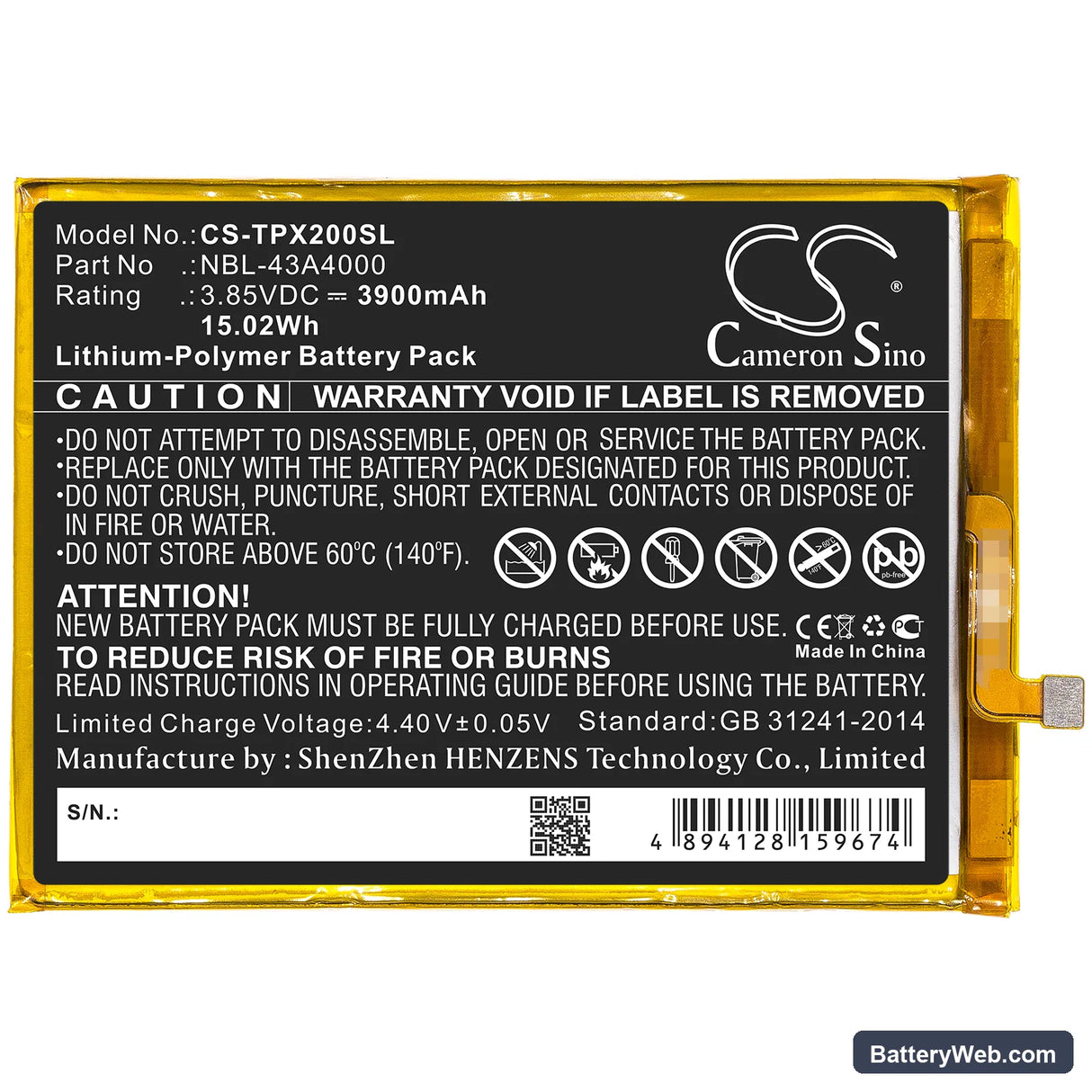 TP-Link Neffos X20 Replacement Battery, 3.85V, 3900mAh, Li-Polymer 3