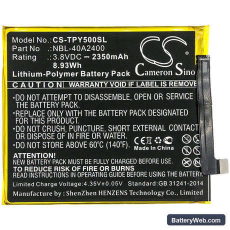 Neffos Y5s Dual SIM Replacement Battery, 3.8V, 2350mAh, Li-Polymer 3