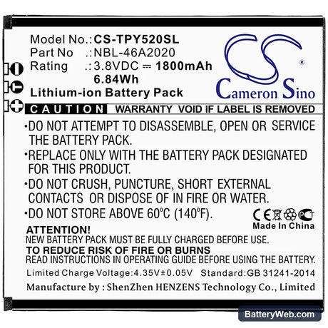 Neffos Y5L Replacement Battery, 3.8V, 1800mAh, Li-ion 3
