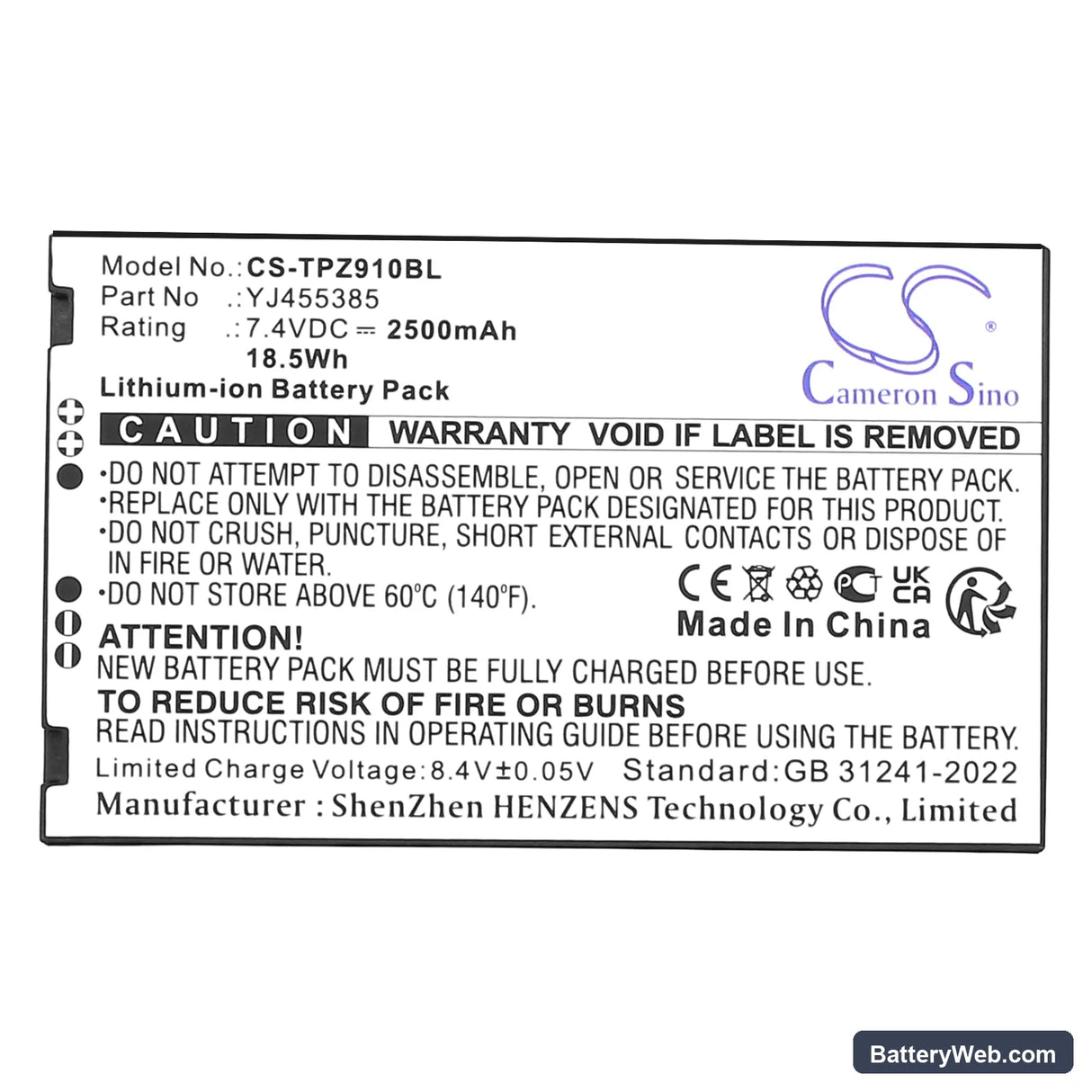 Topwise Z91 Replacement Battery, 7.4V, 2500mAh, Li-ion 3