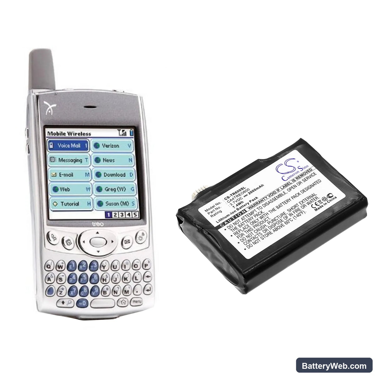 Palm Treo 600 Replacement Battery, 3.7V, 2000mAh, Li-ion 6