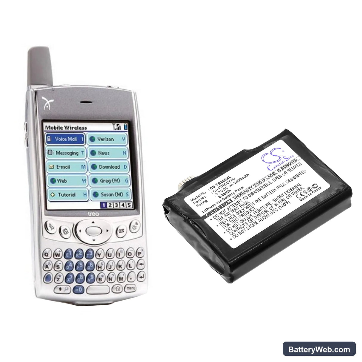 Palm Treo 600 Replacement Battery, 3.7V, 2400mAh, Li-ion 6