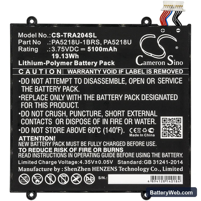 Toshiba Excite A204 Replacement Battery, 3.75V, 5100mAh, Li-Polymer 3