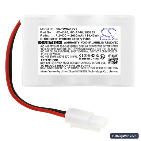 Twinbird HC-4326P Replacement Battery, 7.2V, 2000mAh, Ni-MH 3