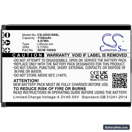 UniData ICW-1000G Replacement Battery, 3.7V, 1100mAh, Li-ion 3