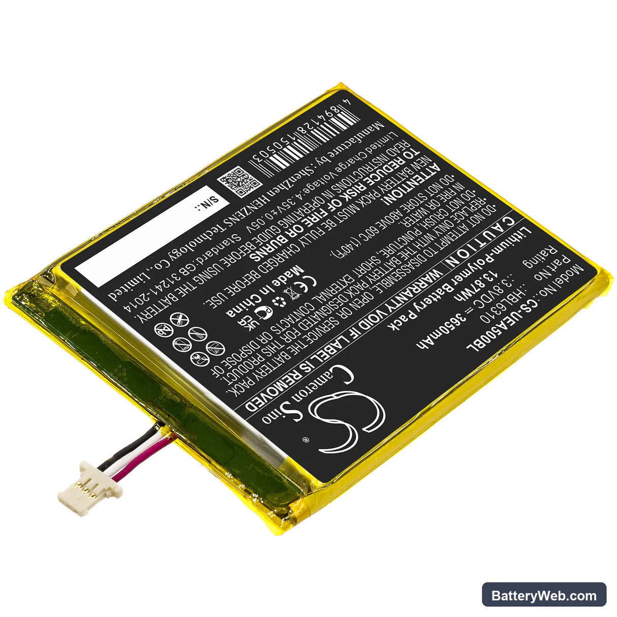 Urovo i6310 Replacement Battery, 3.8V, 3650mAh, Li-Polymer 2