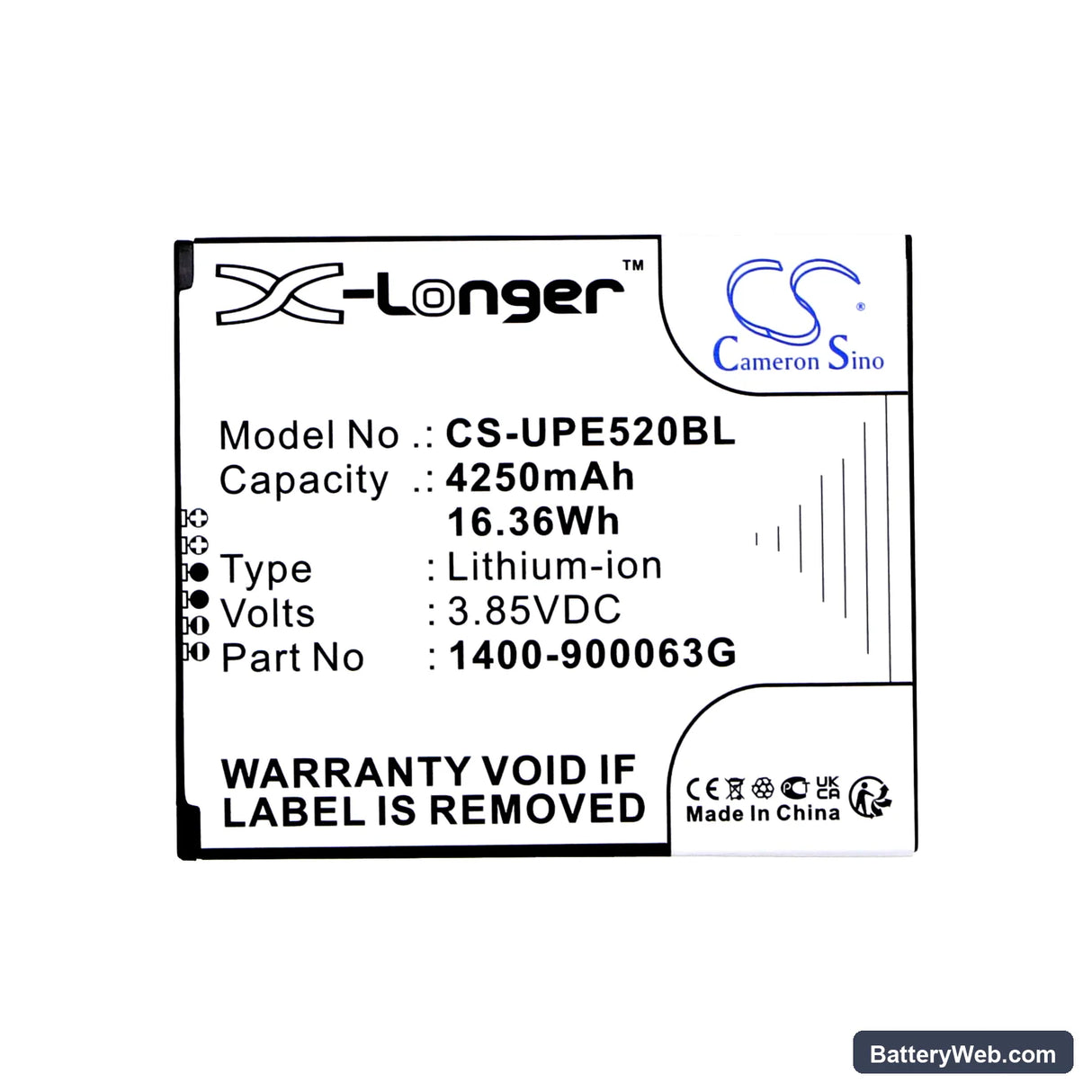Unitech EA520 Replacement Battery, 3.85V, 4250mAh, Li-ion 3