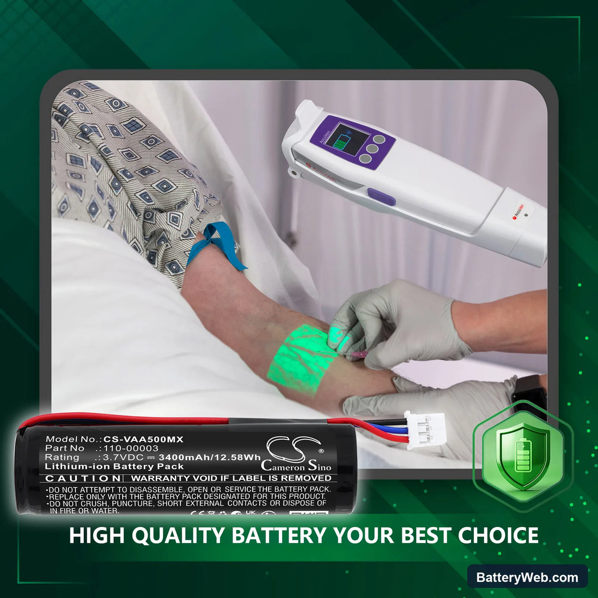 Veins Accuvein AV500 Illuminator Replacement Battery, 3.7V, 3400mAh, Li-ion 6