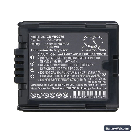 Panasonic HDC-SD9 Replacement Battery, 7.4V, 750mAh, Li-ion 5