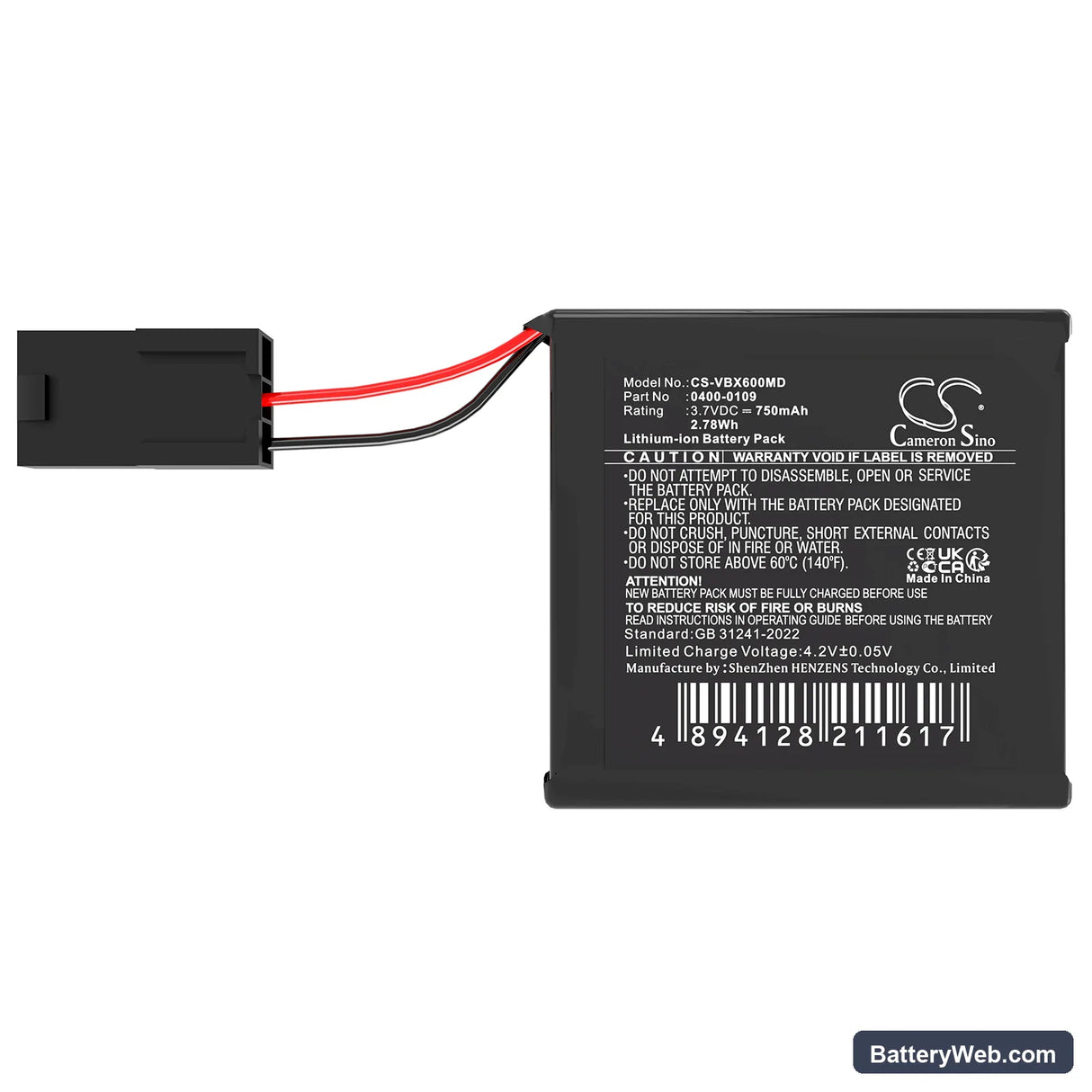 Verathon BVI 6100 Replacement Battery, 3.7V, 750mAh, Li-ion 3