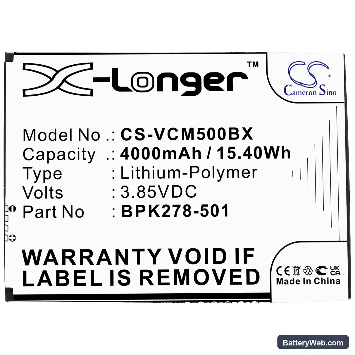VeriFone CM5 Replacement Battery, 3.85V, 4000mAh, Li-Polymer 3