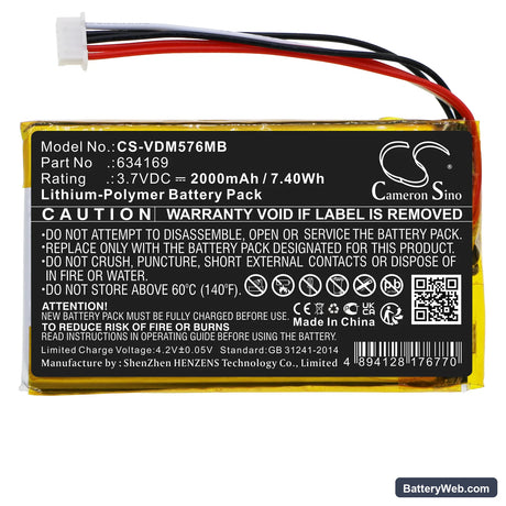V Tech RM5764HD Replacement Battery, 3.7V, 2000mAh, Li-Polymer 3