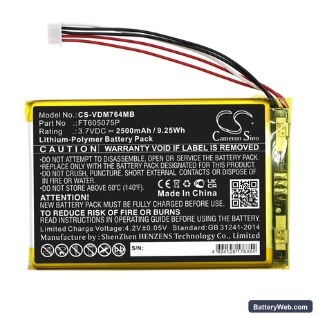 V Tech Wifi Remote Access 2 Camera Baby Monitor Replacement Battery, 3.7V, 2500mAh, Li-Polymer 3
