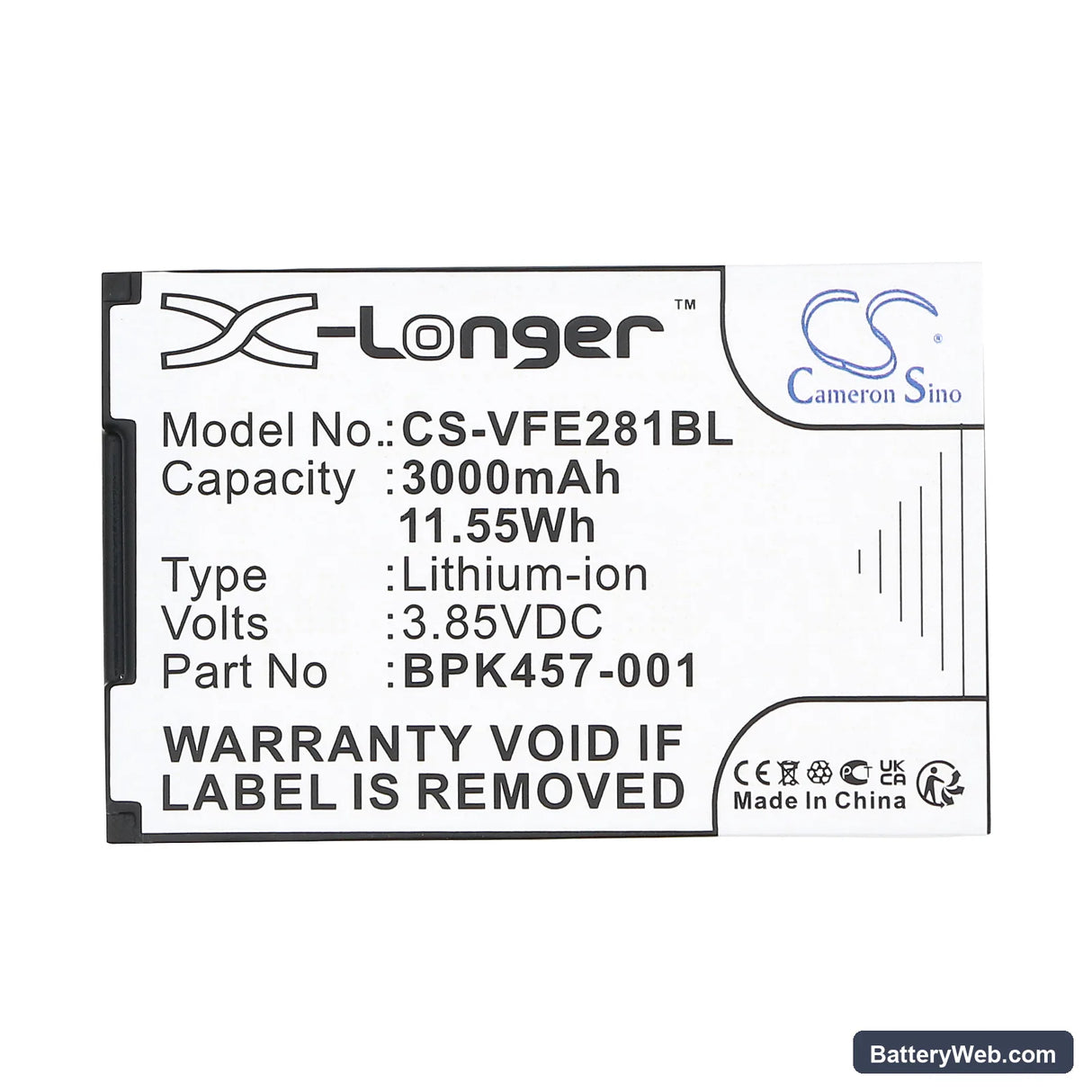 VeriFone e280s Replacement Battery, 3.85V, 3000mAh, Li-ion 5