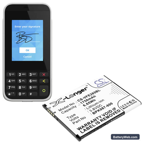VeriFone E285 Replacement Battery, 3.8V, 1750mAh, Li-ion 4