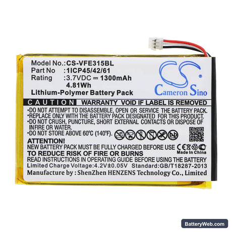 VeriFone e315 Replacement Battery, 3.7V, 1300mAh, Li-Polymer 3