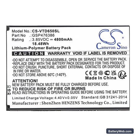 Vortex HD65Plus Replacement Battery, 3.85V, 4800mAh, Li-Polymer 3