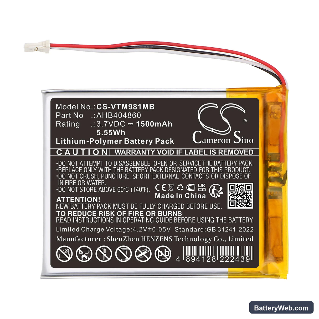 V Tech VM981 Replacement Battery, 3.7V, 1500mAh, Li-Polymer 3