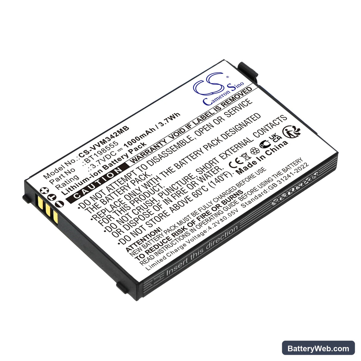 V Tech VM342 Replacement Battery, 3.7V, 1000mAh, Li-ion 1