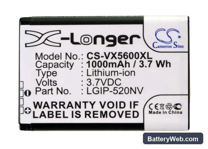 Verizon UN150 Envoy Replacement Battery, 3.7V, 1000mAh, Li-ion 5