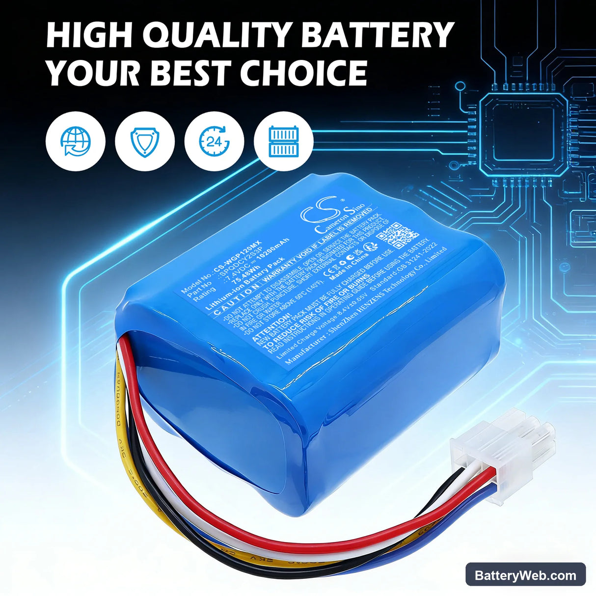 WEGO P12n Replacement Battery, 7.4V, 10200mAh, Li-ion 7