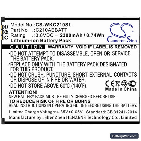 Wiko C210 Replacement Battery, 3.8V, 2300mAh, Li-ion 3