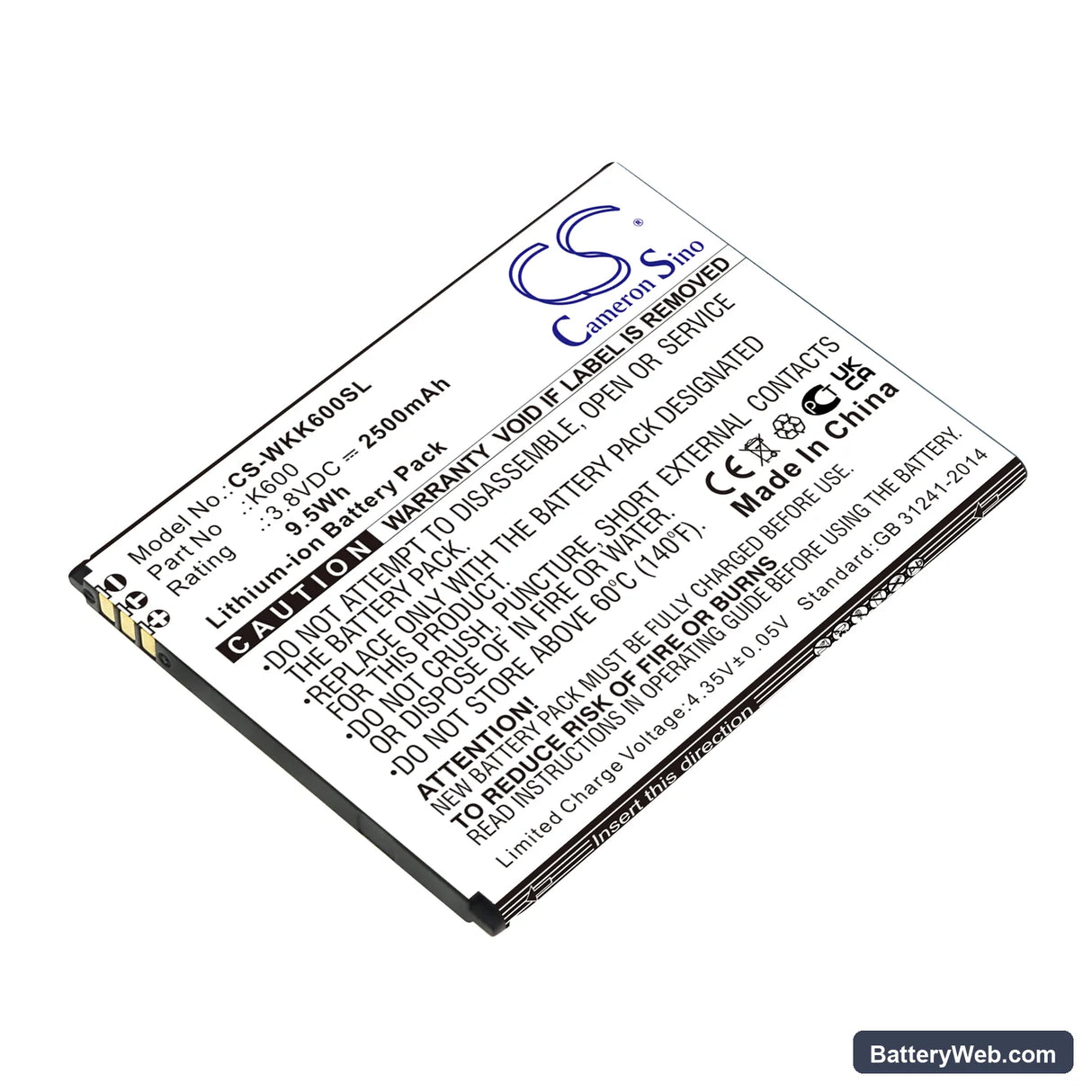 Wiko Tommy 3 Replacement Battery, 3.8V, 2500mAh, Li-ion 1