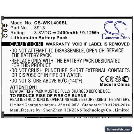 Wiko Lenny 4 Replacement Battery, 3.8V, 2400mAh, Li-ion 3