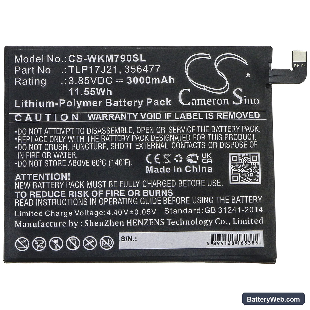 Wiko View XL Replacement Battery, 3.85V, 3000mAh, Li-Polymer 3