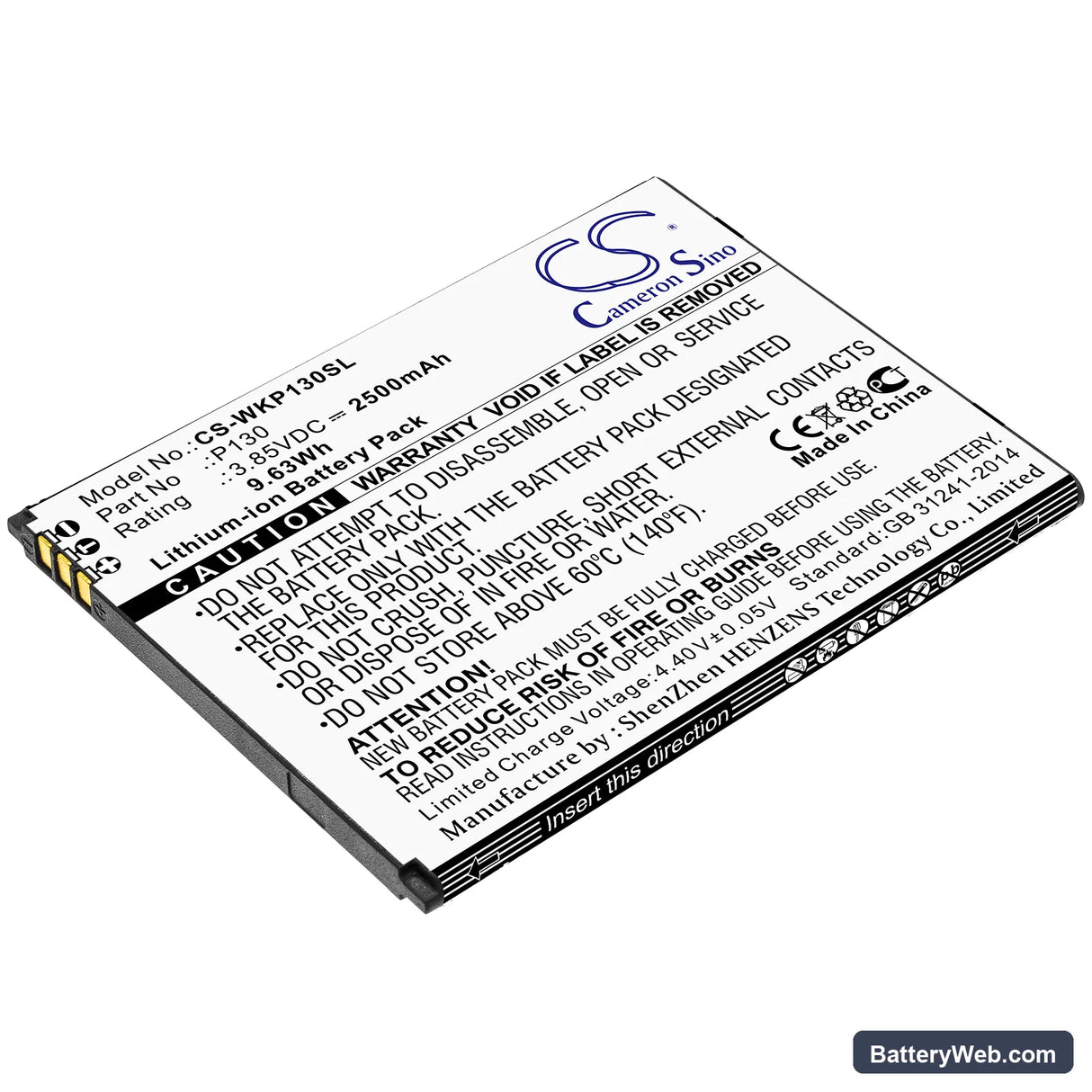 Wiko P130 Replacement Battery, 3.85V, 2500mAh, Li-ion 1