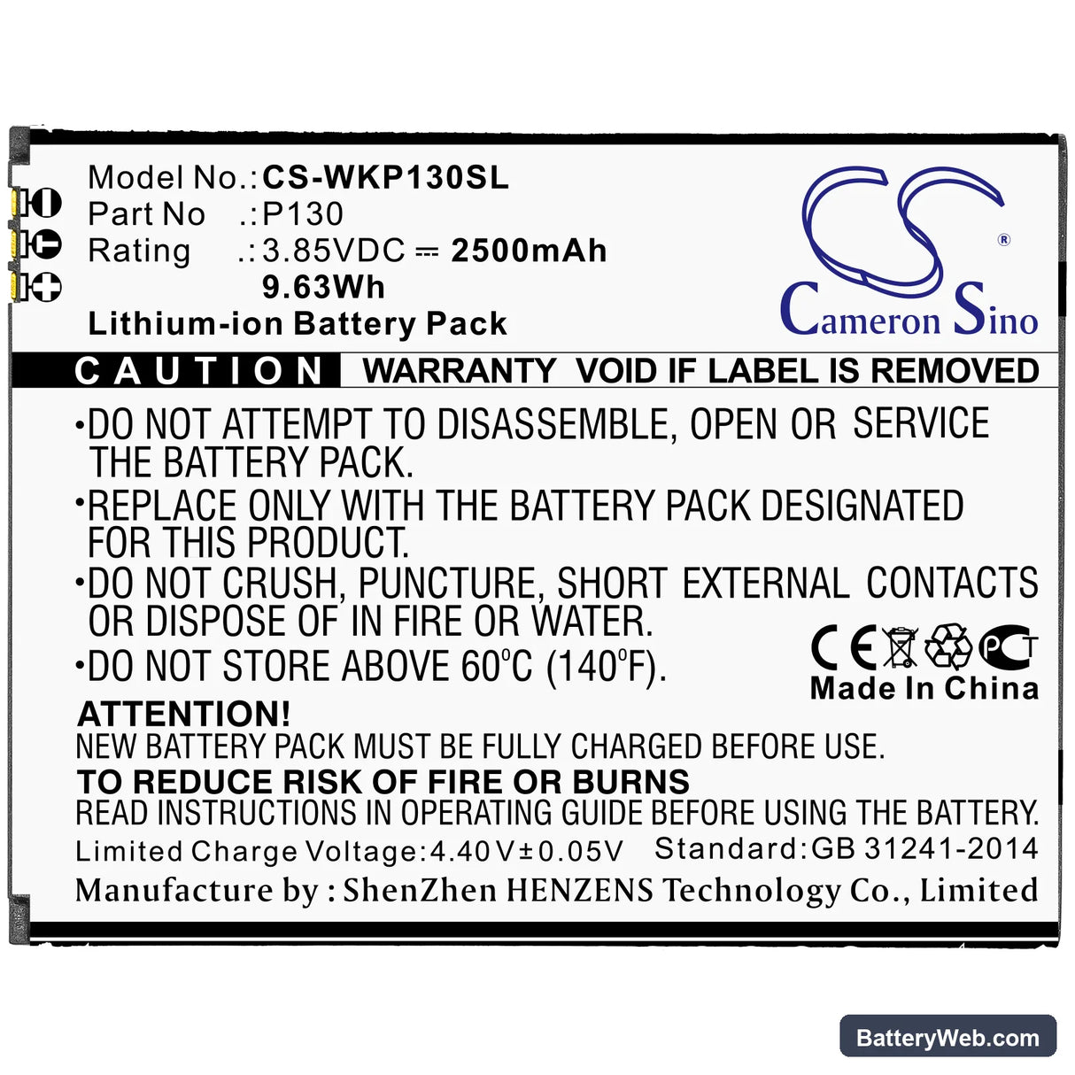 Wiko P130 Replacement Battery, 3.85V, 2500mAh, Li-ion 3
