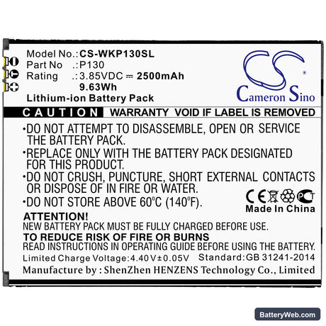 Wiko P130 Replacement Battery, 3.85V, 2500mAh, Li-ion 3