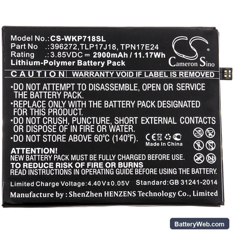 Wiko View Prime Replacement Battery, 3.85V, 2900mAh, Li-Polymer 3