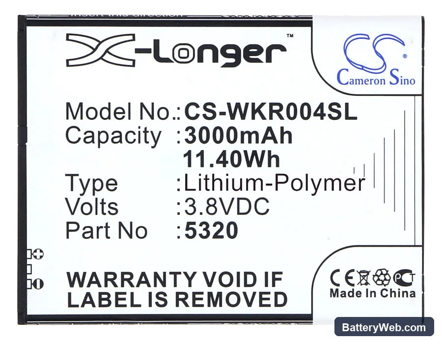 Wiko RIDGE FAB Replacement Battery, 3.8V, 3000mAh, Li-Polymer 5
