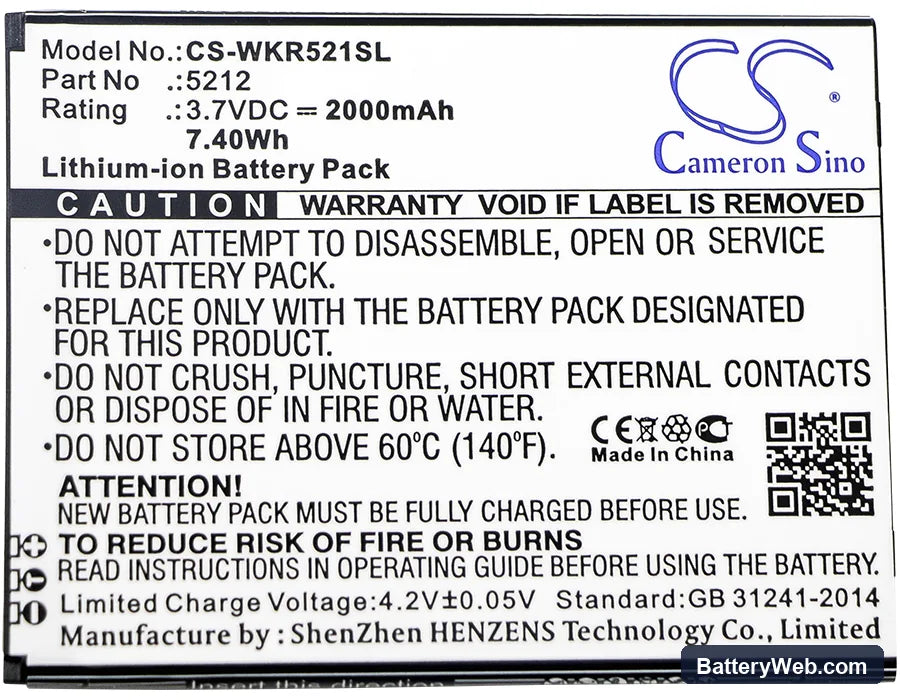 Wiko Robby Replacement Battery, 3.7V, 2000mAh, Li-ion 5