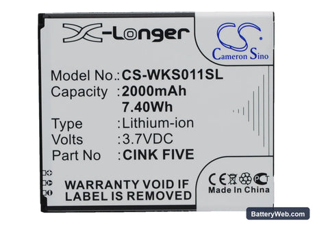 Wiko Cink Five Replacement Battery, 3.7V, 2000mAh, Li-ion 1