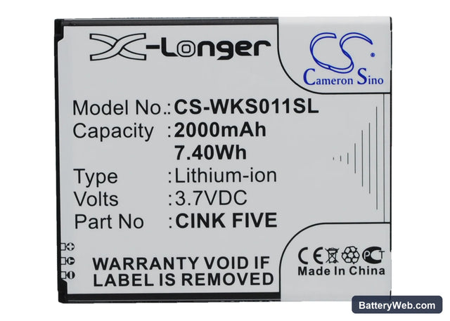 Wiko Cink Five Replacement Battery, 3.7V, 2000mAh, Li-ion 1