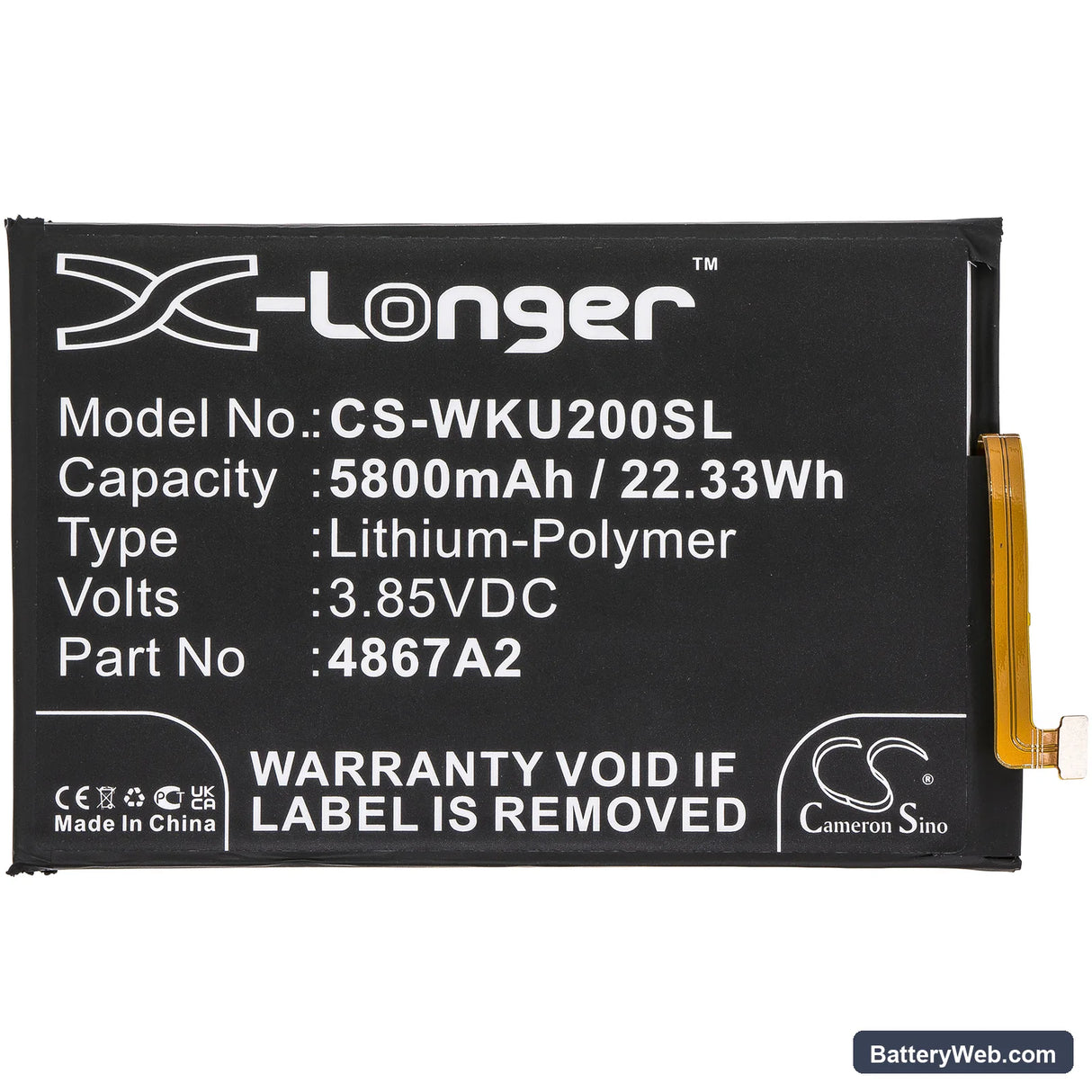 Wiko Power U20 Replacement Battery, 3.85V, 5800mAh, Li-Polymer 3